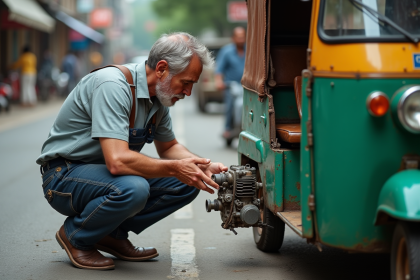 Mécanicien homme examinant un tuk tuk coloré en ville