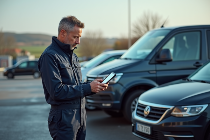 Mécanicien homme en overalls examine un diagnostic de moteur à la station