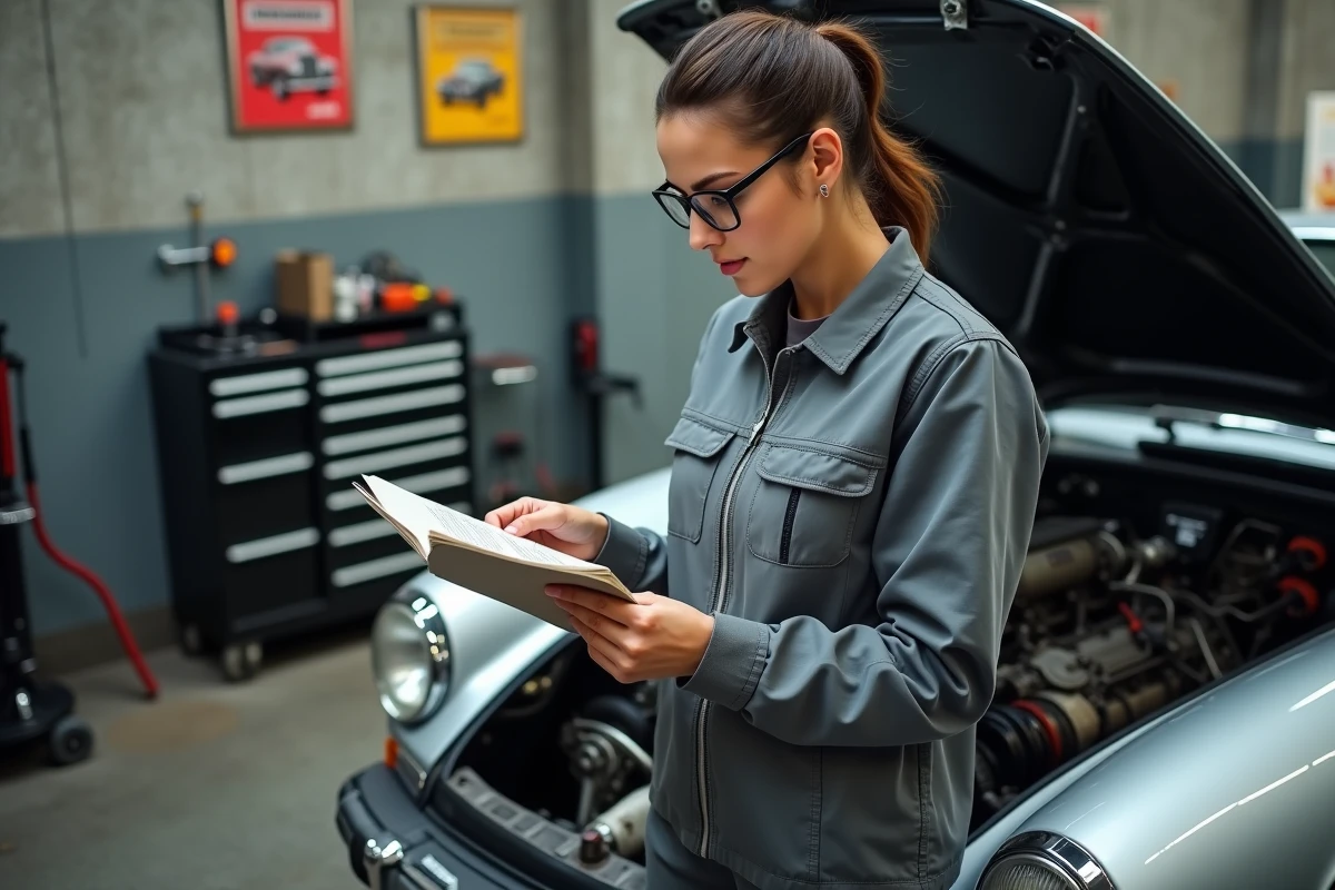 Mécanicienne inspectant le moteur d'une voiture de collection avec des outils de mesure dans un garage indépendant