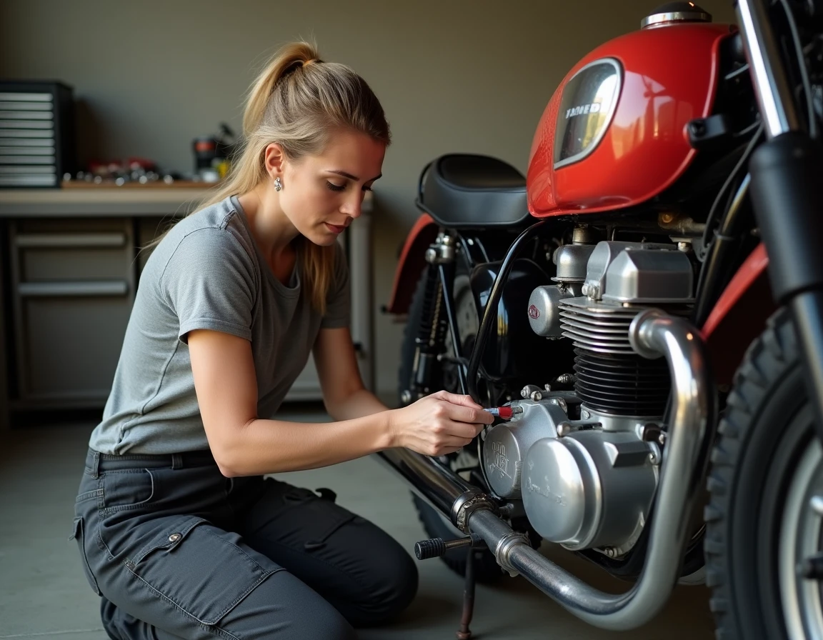 Mécanicienne appliquant de la graisse anti-grippante sur les filets d'un boulon moteur d'une moto italienne classique dans un garage privé