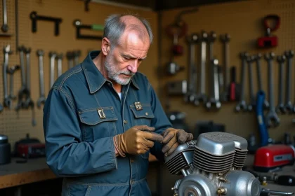 Mécanicien expérimenté serrant les vis de culasse d'un moteur de moto ancienne avec une clé dynamométrique dans un atelier vintage