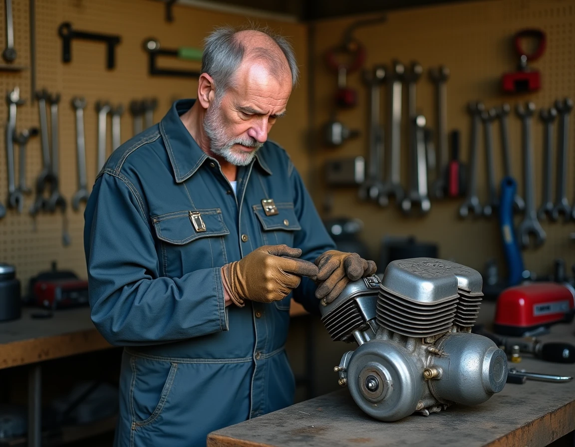 Mécanicien expérimenté serrant les vis de culasse d'un moteur de moto ancienne avec une clé dynamométrique dans un atelier vintage