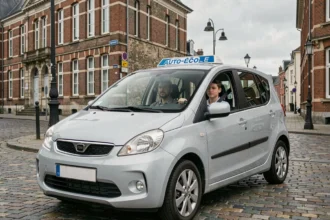 Élève conducteur au volant d'une voiture d'auto-école dans une rue du Nord de la France avec un moniteur à ses côtés