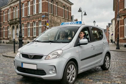 Élève conducteur au volant d'une voiture d'auto-école dans une rue du Nord de la France avec un moniteur à ses côtés