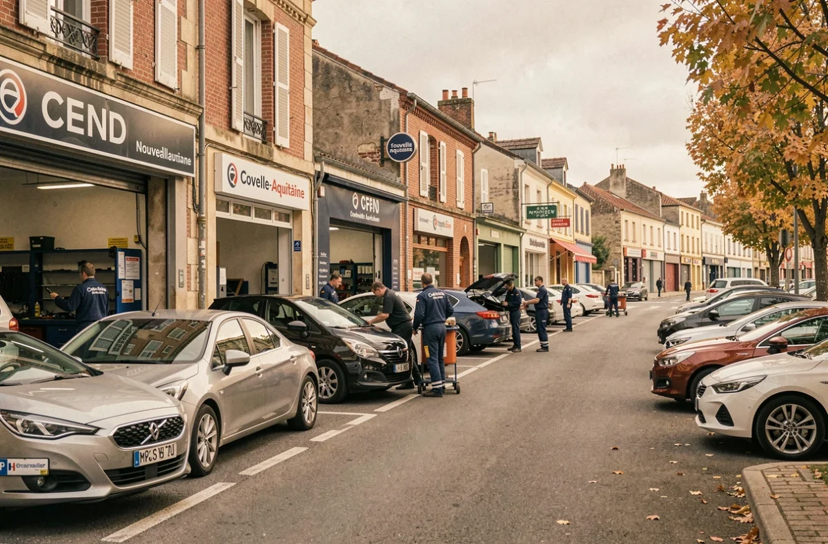 Vue panoramique de garages automobiles en Nouvelle-Aquitaine représentant le classement 2026 des meilleurs garages de la région