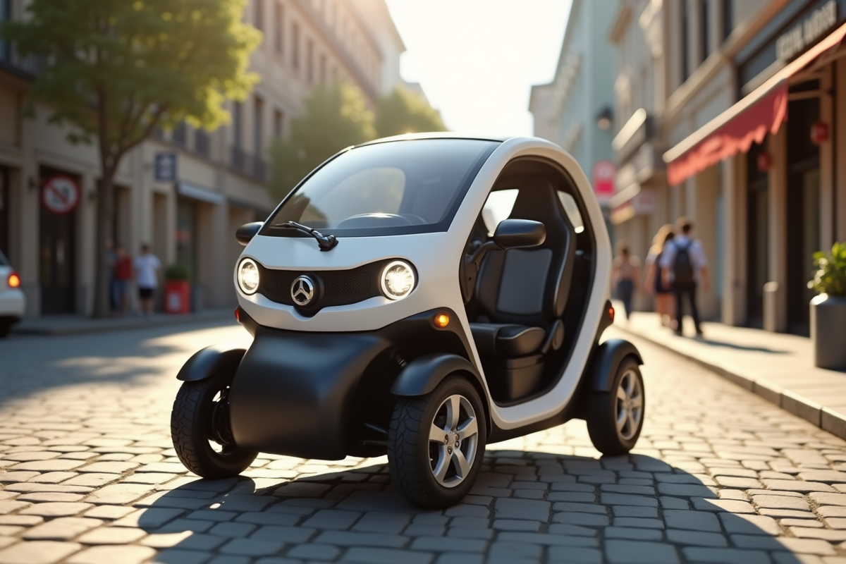 Voiture microcar compacte en ville en plein jour