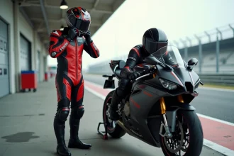 Motard en combinaison de cuir haut de gamme ajustant son casque intégral à côté d'une moto puissante sur une piste de course