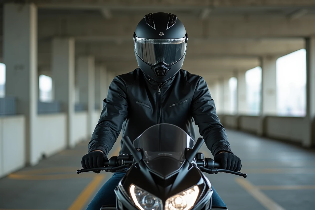 Motard équipé assis sur une Suzuki GSX 600 R dans un parking urbain, illustrant l'usage quotidien du modèle
