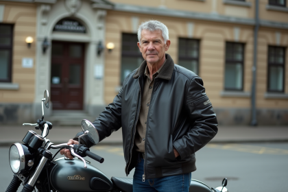 Homme en équipement moto vintage devant une moto en ville