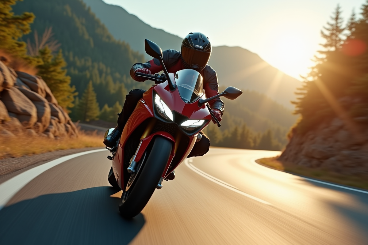 Motard en virage sur route sinueuse en plein jour