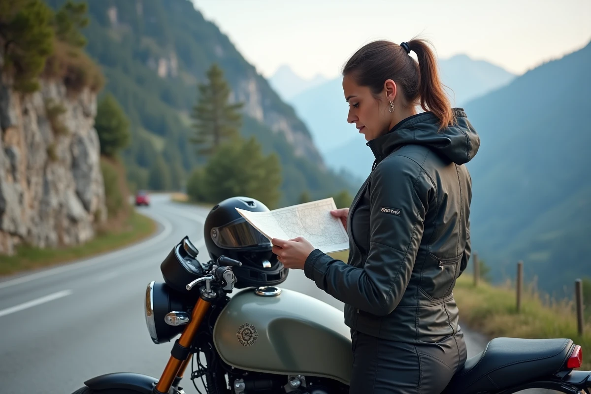 Motarde en veste textile technique étudiant une carte devant une moto de forte cylindrée sur une route de montagne