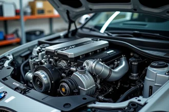 Moteur BMW B47 2.0 diesel exposé dans un compartiment moteur ouvert en atelier, vue en plongée légère