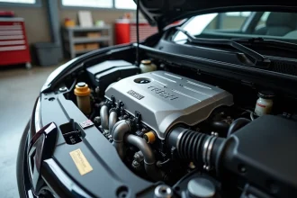 Moteur Renault TCe turbocompressé visible sous le capot d'un SUV dans un atelier automobile moderne