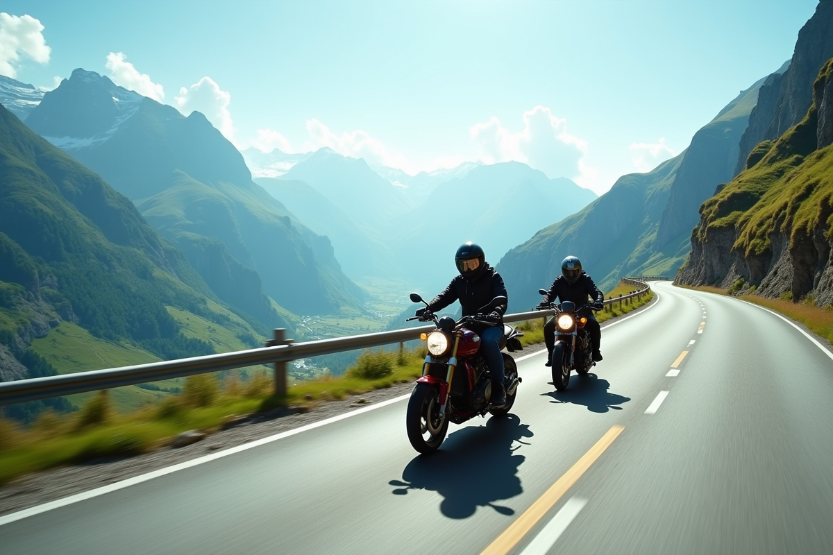 Deux motards sur une route de montagne dans les Alpes françaises