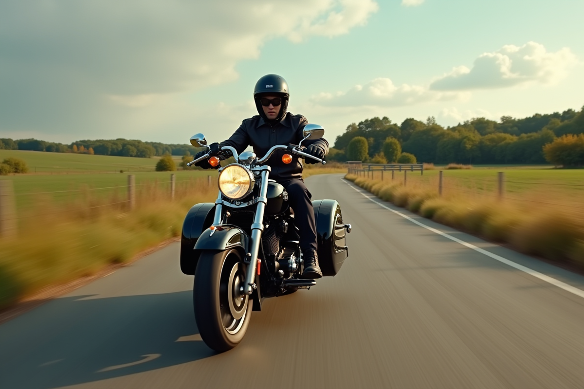 Motocycliste sur une moto classique avec sidecar en campagne