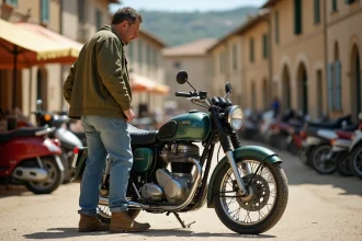 Homme inspectant une moto d'occasion sur un marché en plein air à Agde, idéal pour trouver une moto pas chère dans le sud de la France