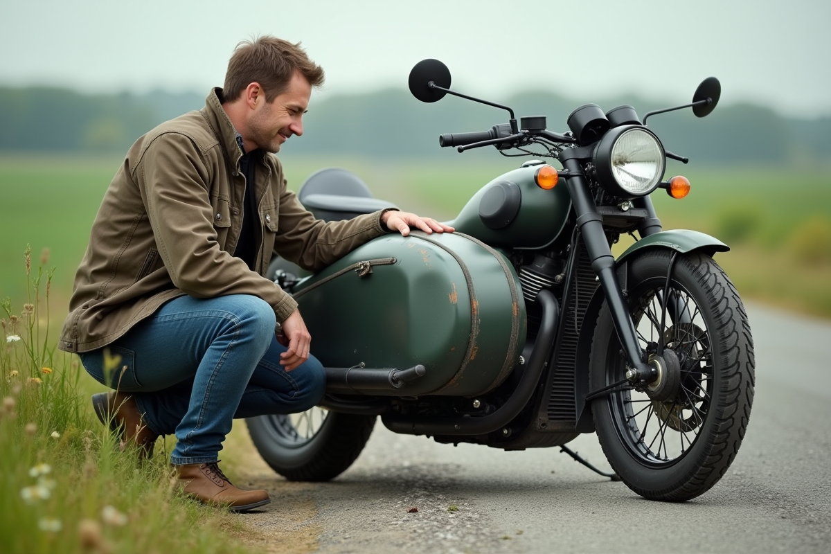Homme inspectant un sidecar de moto en extérieur