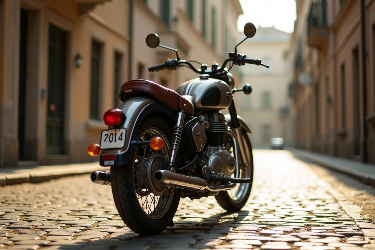 Moto vintage stationnee sur une rue pavée ensoleillee