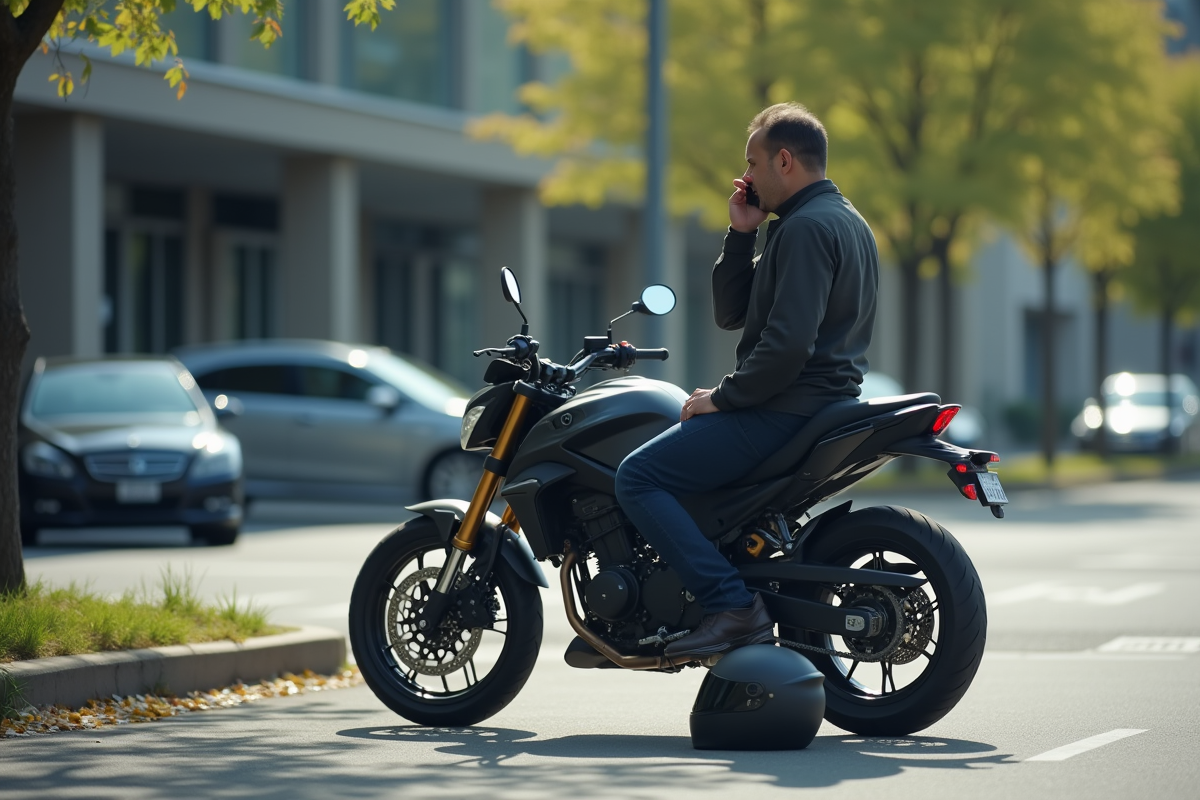 Motocycliste inquiet passant un appel à côté d'une place vide