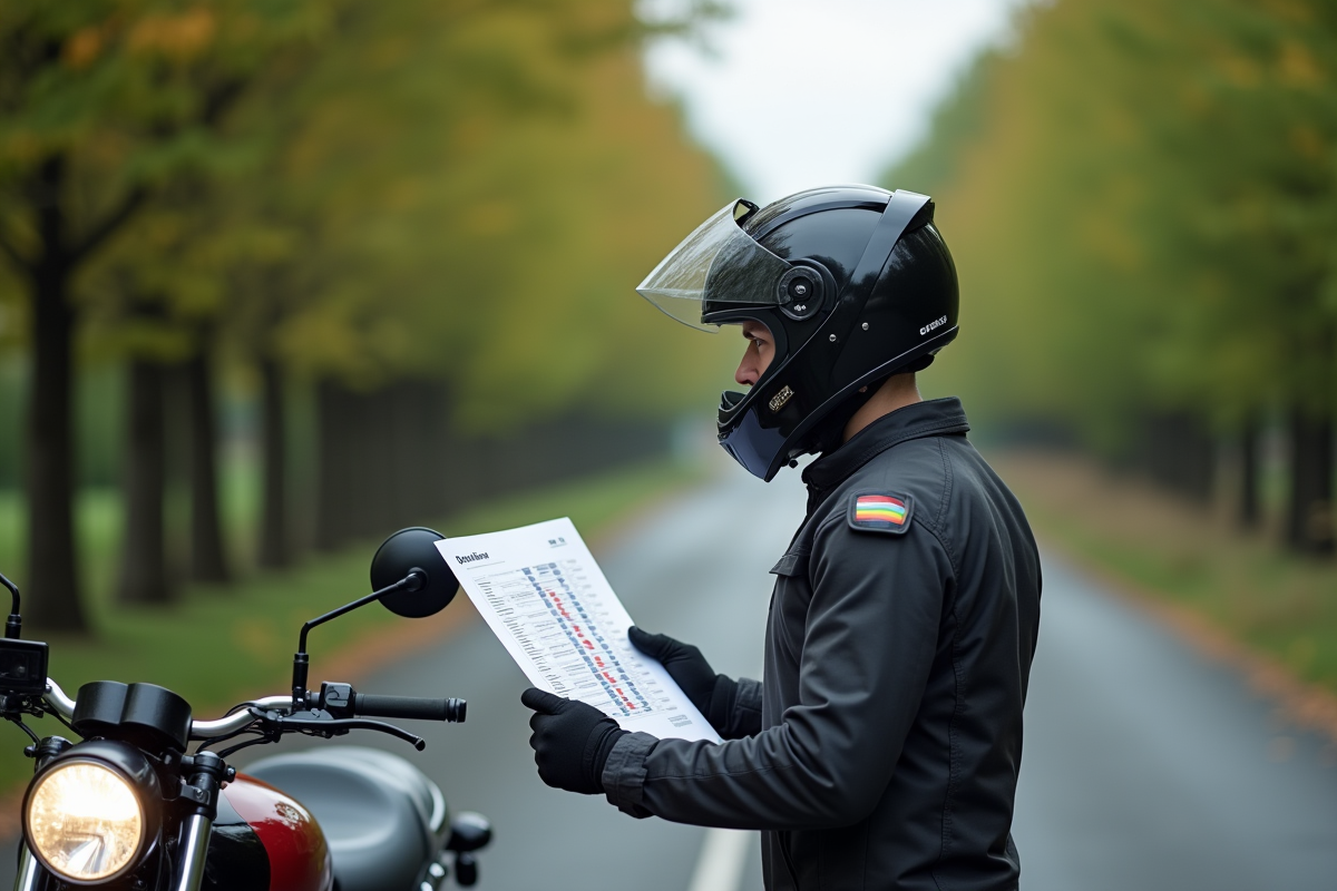 Motocycliste consulte un graphique des normes Euro en extérieur