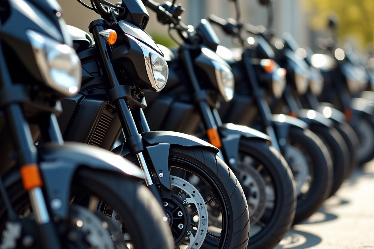 Groupe de motos modernes avec étiquettes Euro en extérieur
