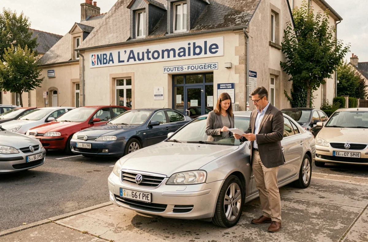 Vendeur de NBA L'Automobile Fougères discutant avec une cliente devant des voitures d'occasion sur le parvis