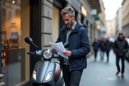 Homme examinant la cote d'un scooter devant une concession, tenant une fiche de prix pour négociation