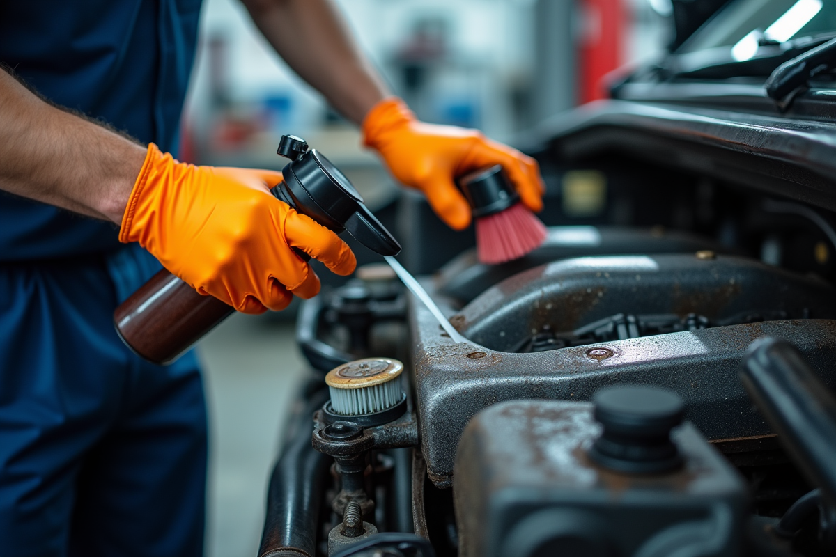 Mécanicien nettoyant un moteur diesel avec spray et brosse