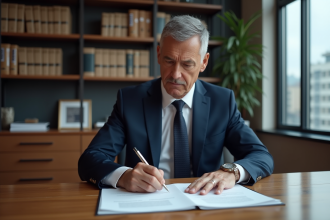 Notaire en costume vérifiant des documents officiels