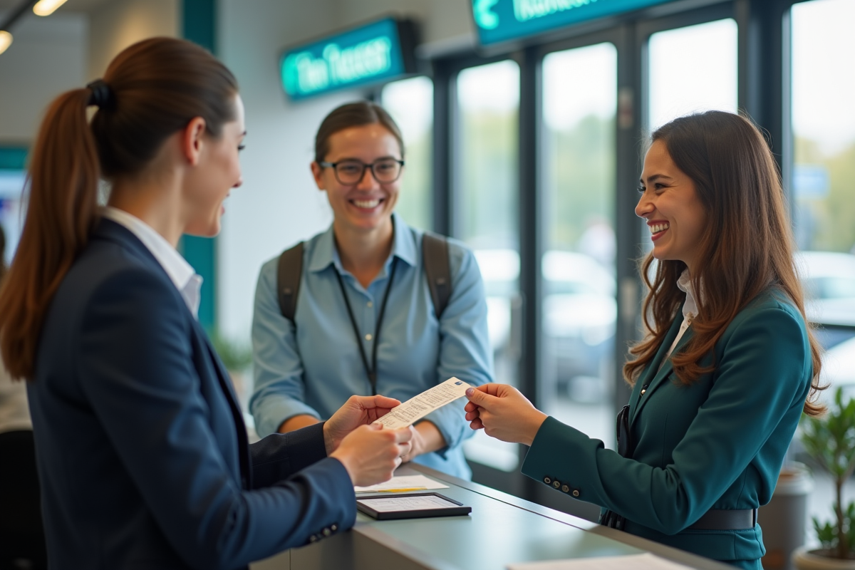 Agent de transport souriant remettant un bon de voyage à une jeune femme