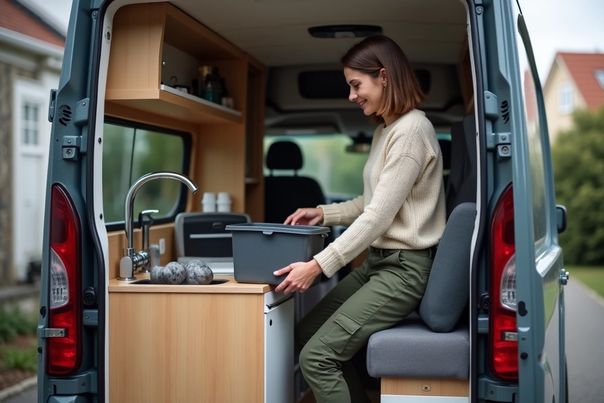 Femme organisant des bo&icirc;tes de rangement dans un van