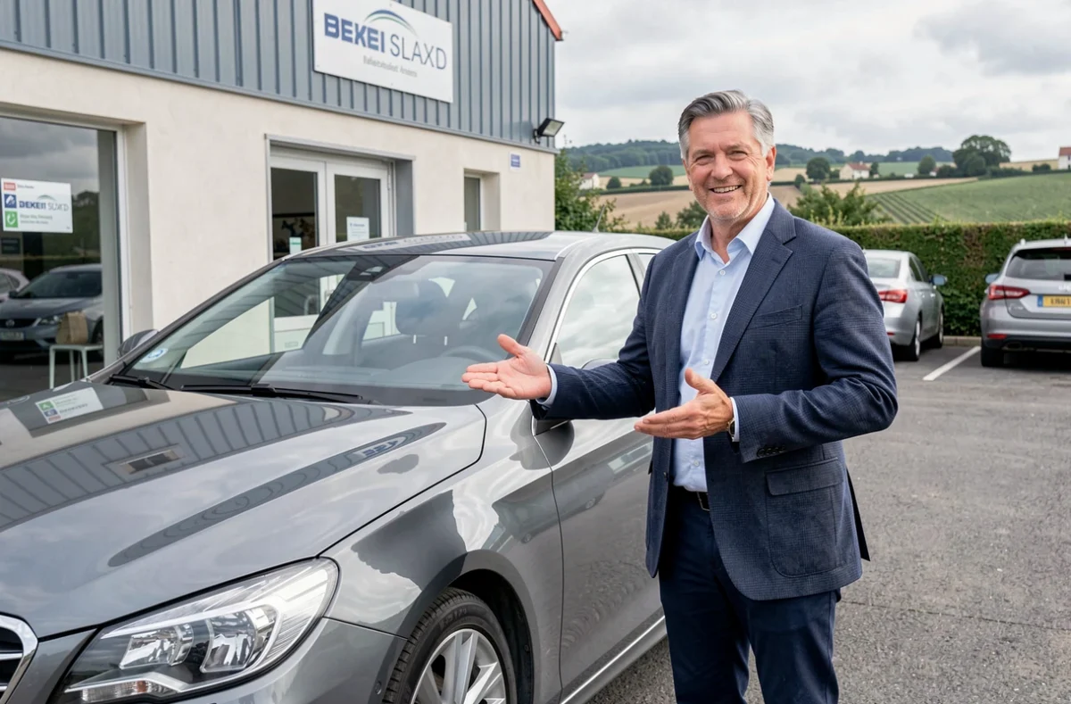 Conseiller de vente d'Ouest Select Autos présentant une voiture d'occasion sur le parvis de la concession