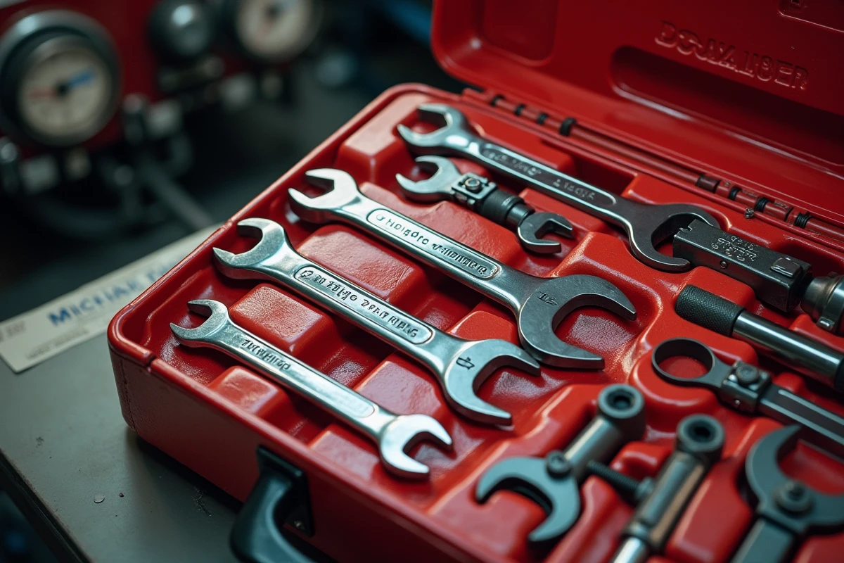 Assortiment d'outils spécialisés pour mécanique de voitures anciennes et youngtimers disposés sur une caisse à outils