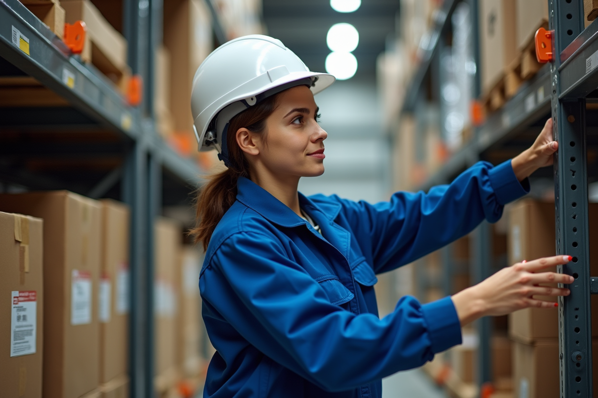 Femme ouvrière vérifiant une étagère de stockage
