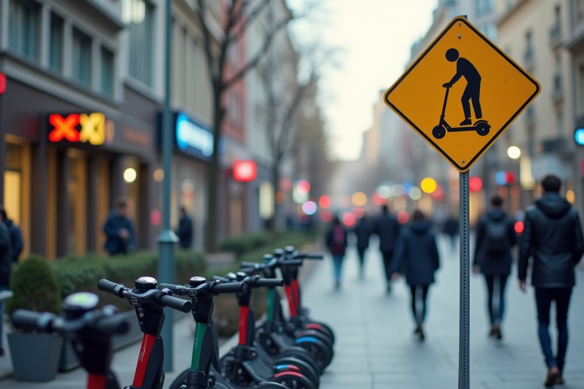 Panneau de regulation pour scooter sur une rue urbaine animée