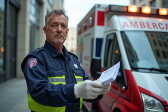 Paramedical en uniforme avec protocole devant ambulance