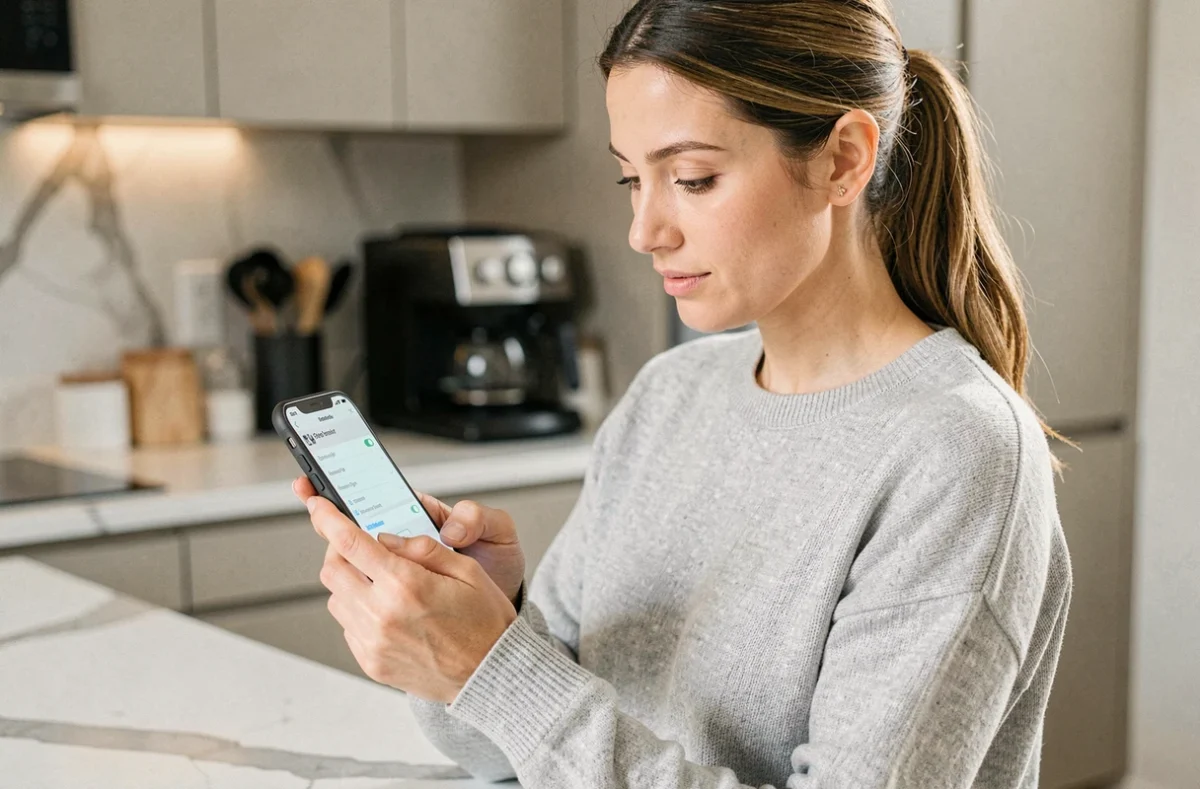 Femme paramétrant son compte sur smartphone dans une cuisine moderne