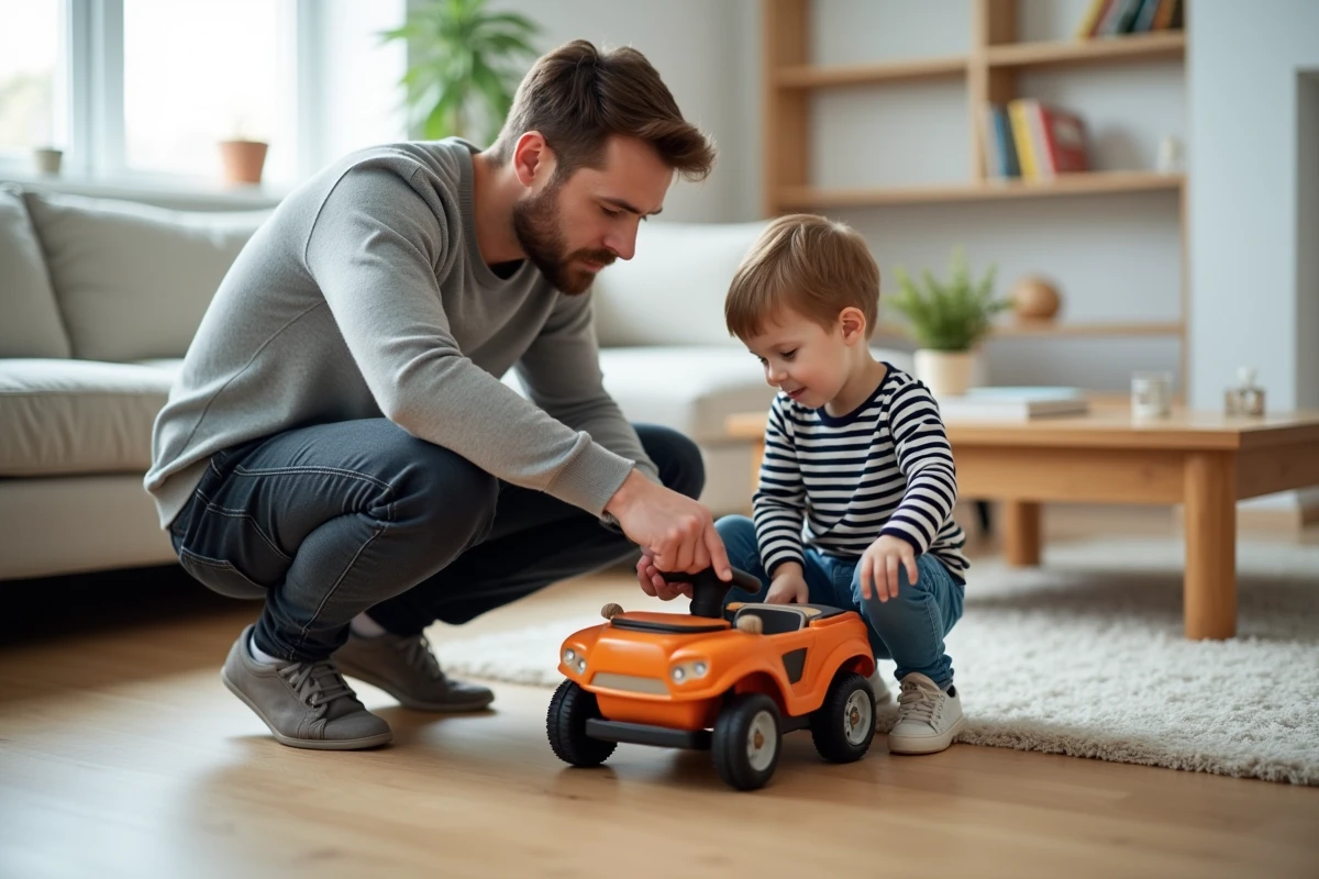 Parent et enfant inspectant ensemble la sécurité d'une petite voiture jouet à la maison