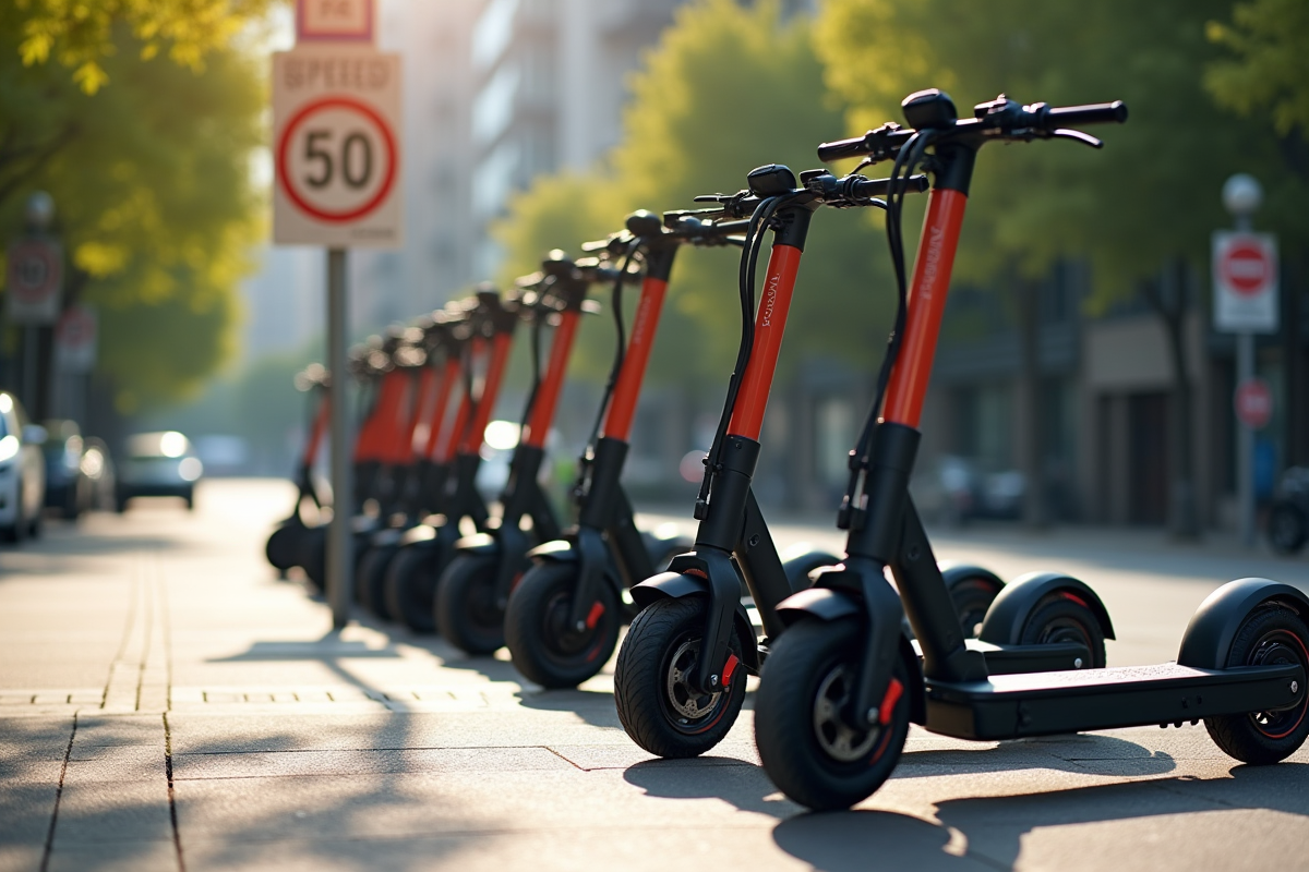 Scooters électriques garés près des panneaux de limitation de vitesse