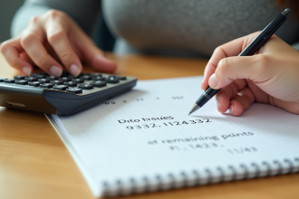 Personne utilisant une calculatrice et un stylo pour résoudre un problème mathématique sur un bureau en bois lumineux