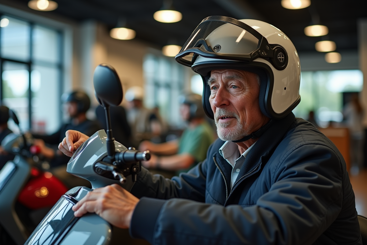 Personne agee examinant un scooter en concession