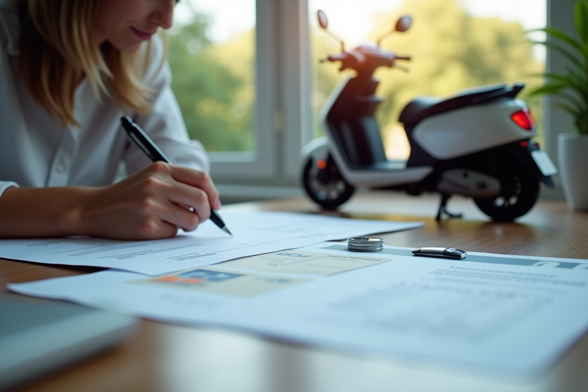Personne remplissant des papiers avec scooter electrique et permis