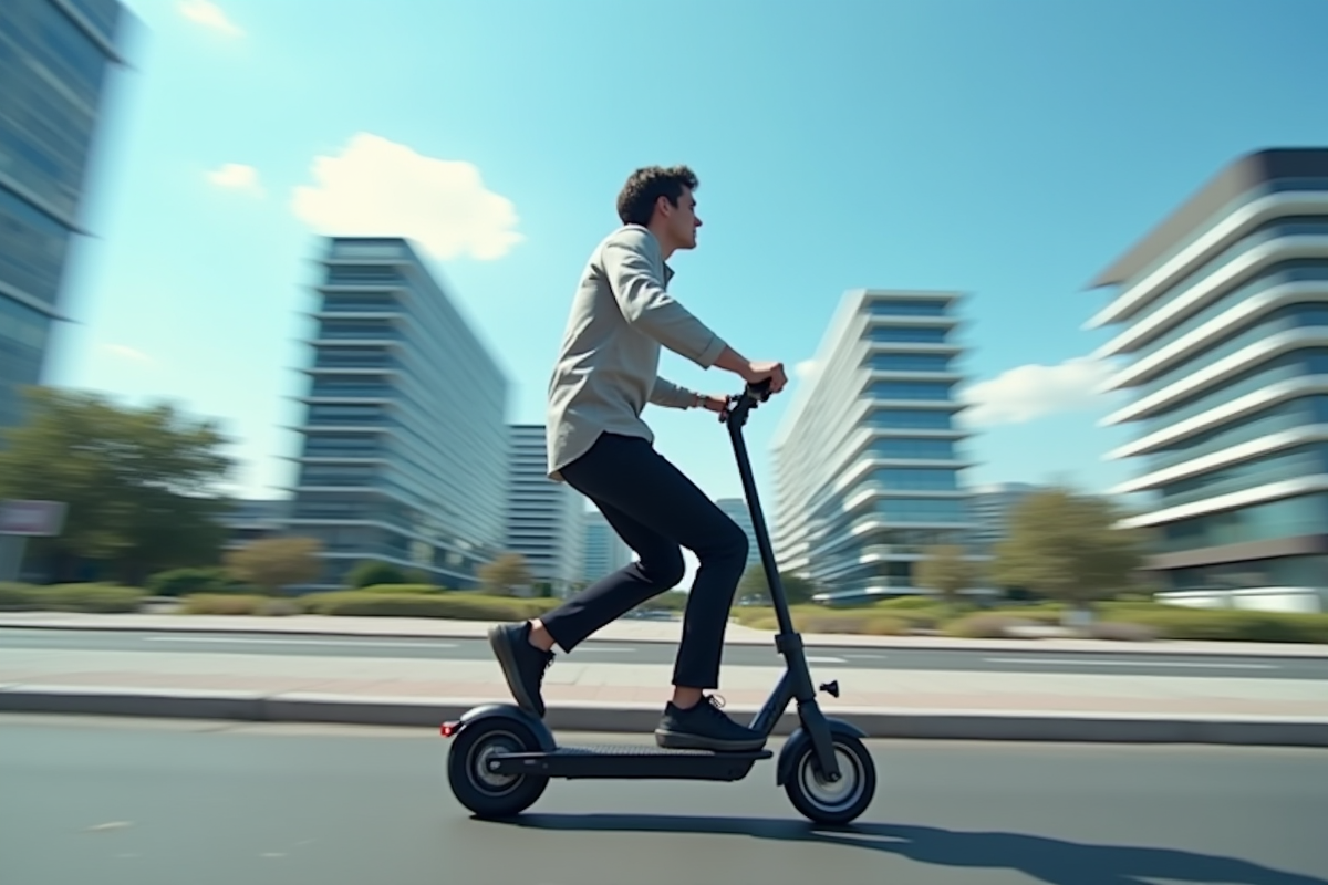 Personne roulant en scooter électrique en ville avec mouvement