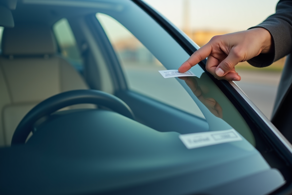 Personne pointant le sticker d'immatriculation dans le véhicule