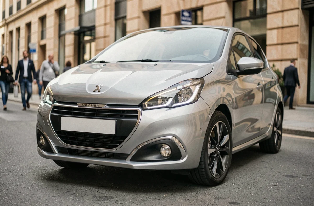 Peugeot 208 argent vue de face en milieu urbain pour comparer les sources d'information automobile