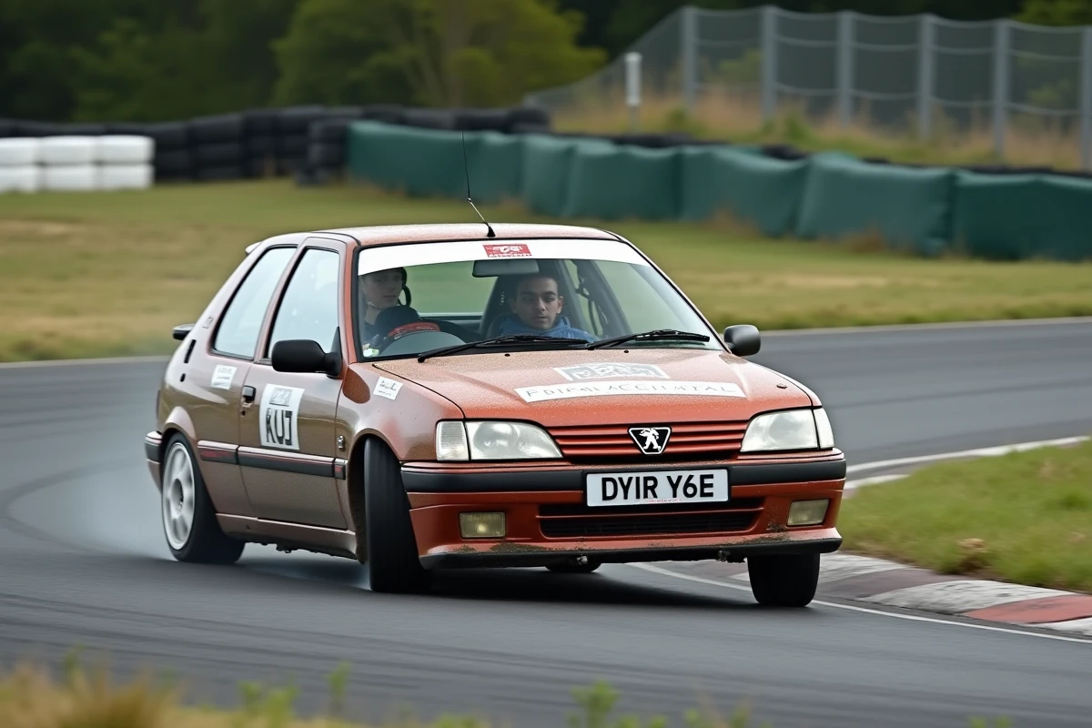 Peugeot 306 en action dans un virage sur circuit amateur avec effets de flou de mouvement