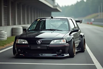 Peugeot 306 préparée pour la piste avec kit Maxi en paddock de circuit automobile amateur