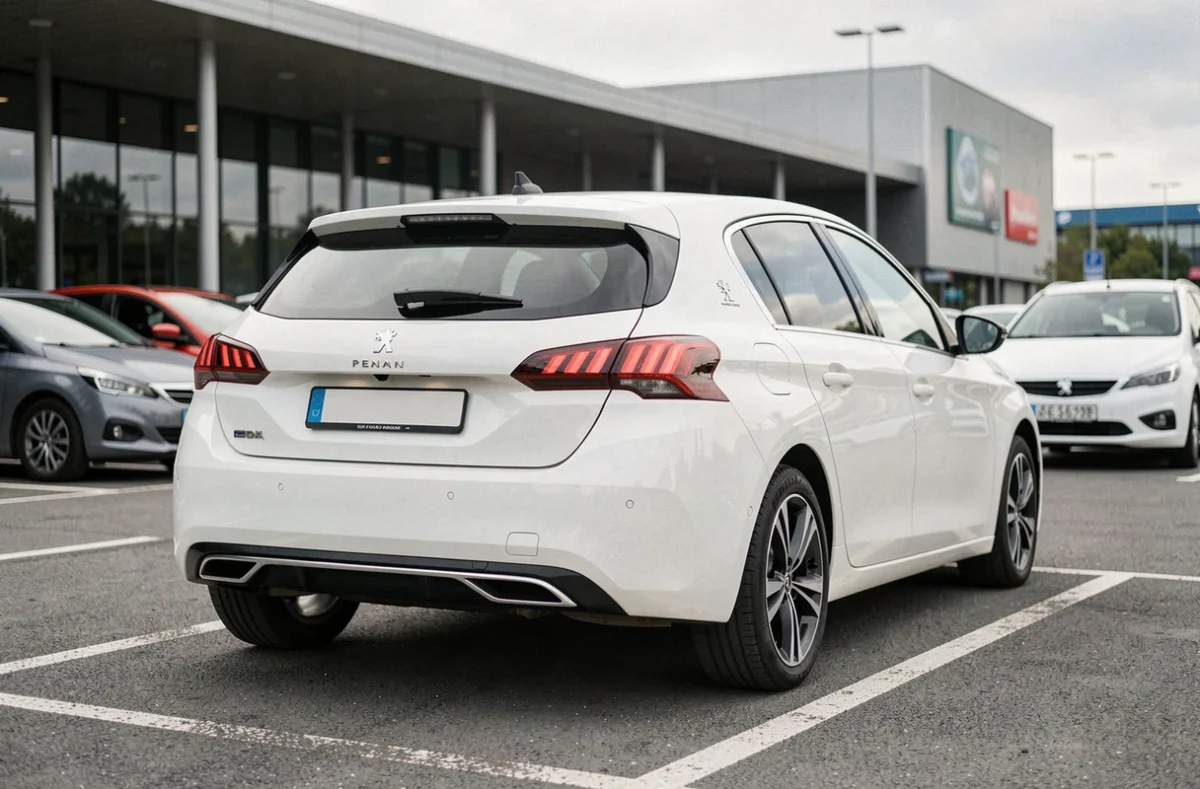 Peugeot 308 blanc nacré photographiée de l'arrière dans un parking urbain moderne
