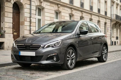 Peugeot 308 gris métallisé garé dans une rue urbaine pavée, vue trois quarts avant