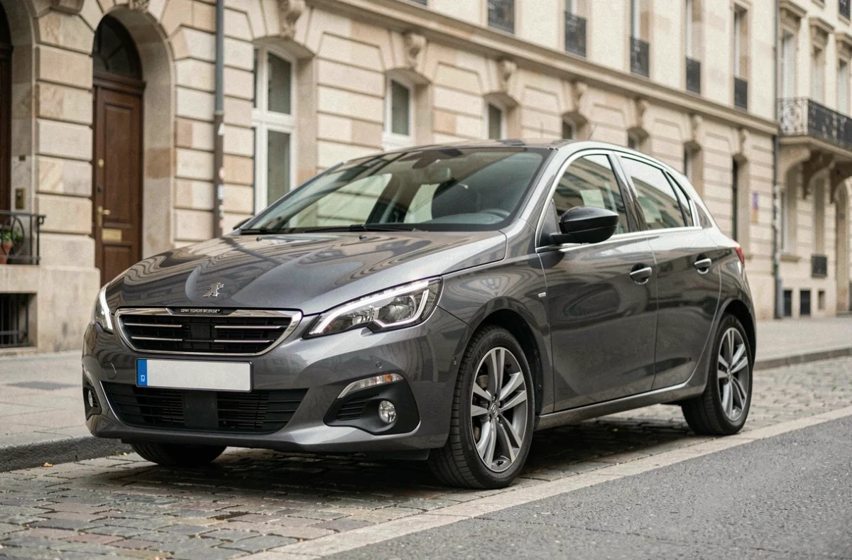 Peugeot 308 gris métallisé garé dans une rue urbaine pavée, vue trois quarts avant